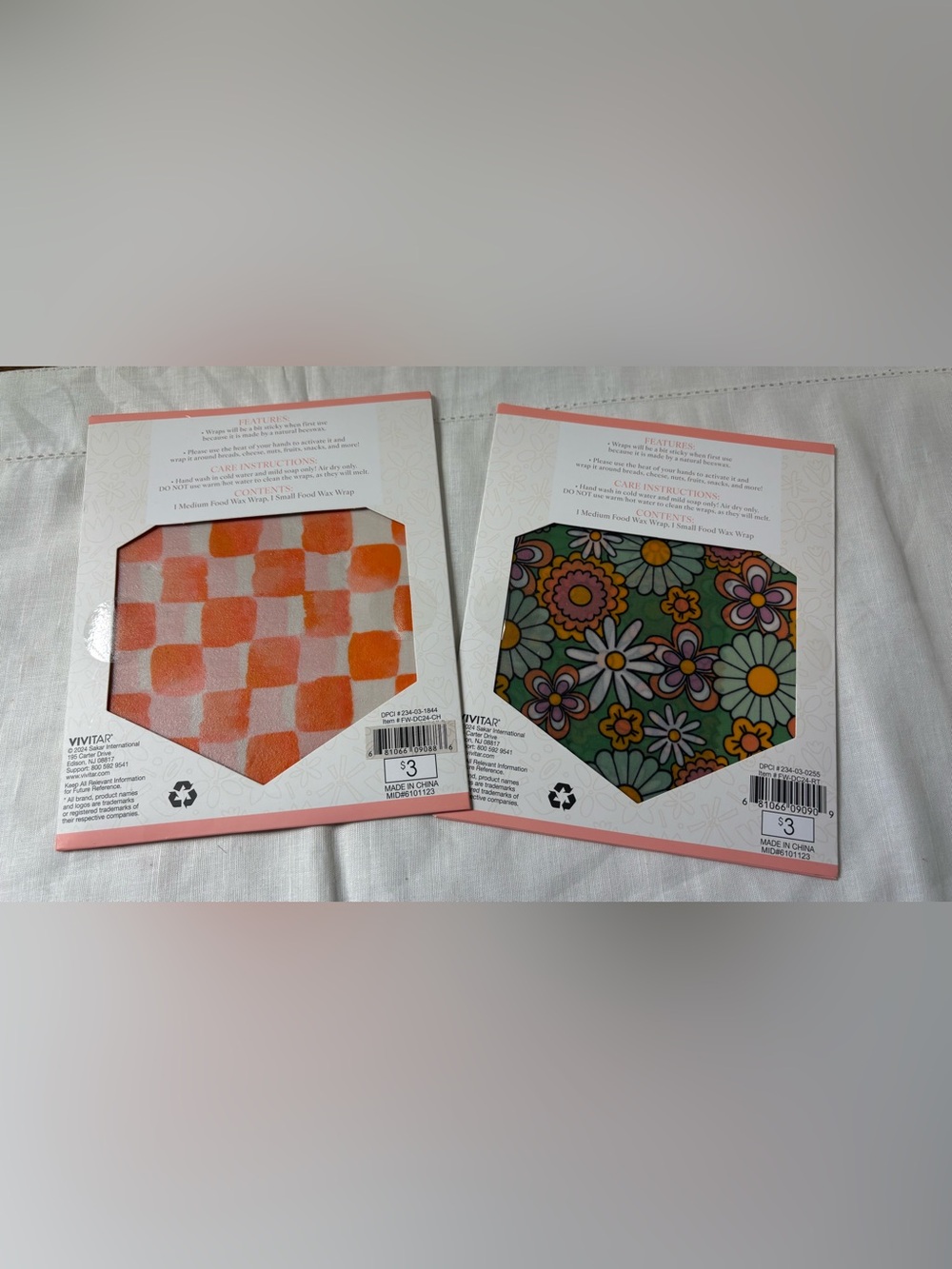 Natural Reusable Food Wraps - Orange Checker & Floral Patterns 2-Med & 2-Small - Picture 3 of 3